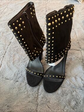 Black Studded Open-Toe Heeled Booties